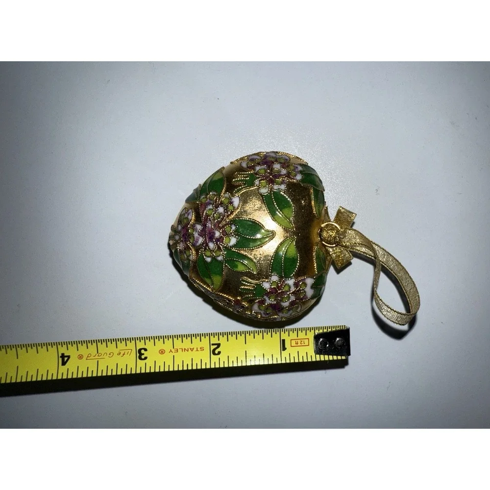 Cloisonné Puffy Heart‎ Shaped Ornament Double Sided Gold Green P